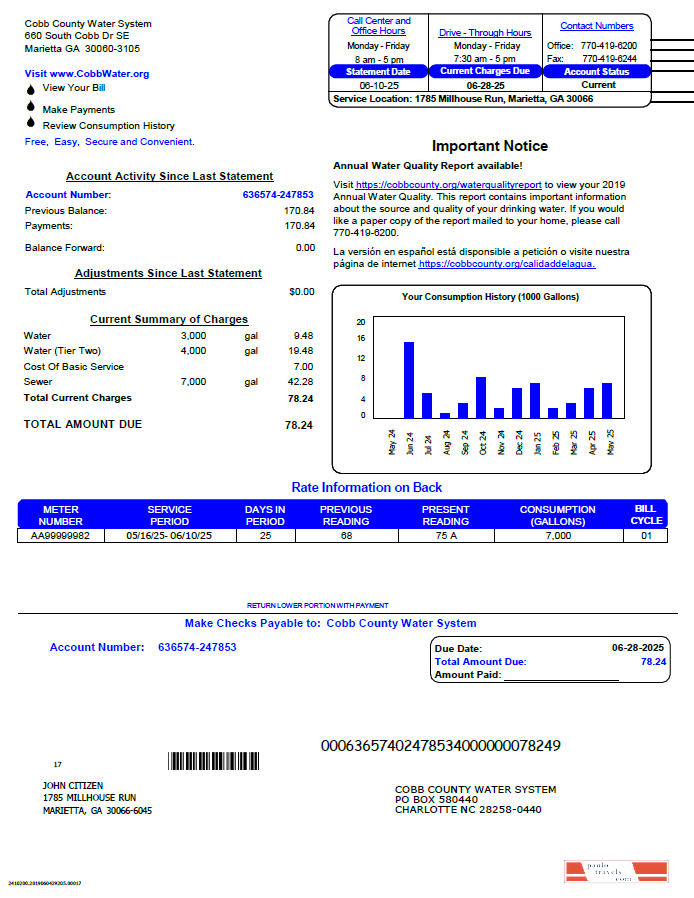 USA Cobb County Water System  utility bill template in Word and PDF formats